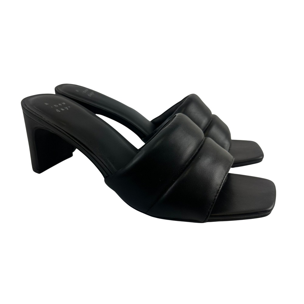 A New Day Padded Slide Heel Sandal Black Faux Leather Square Toe Block Womens 10